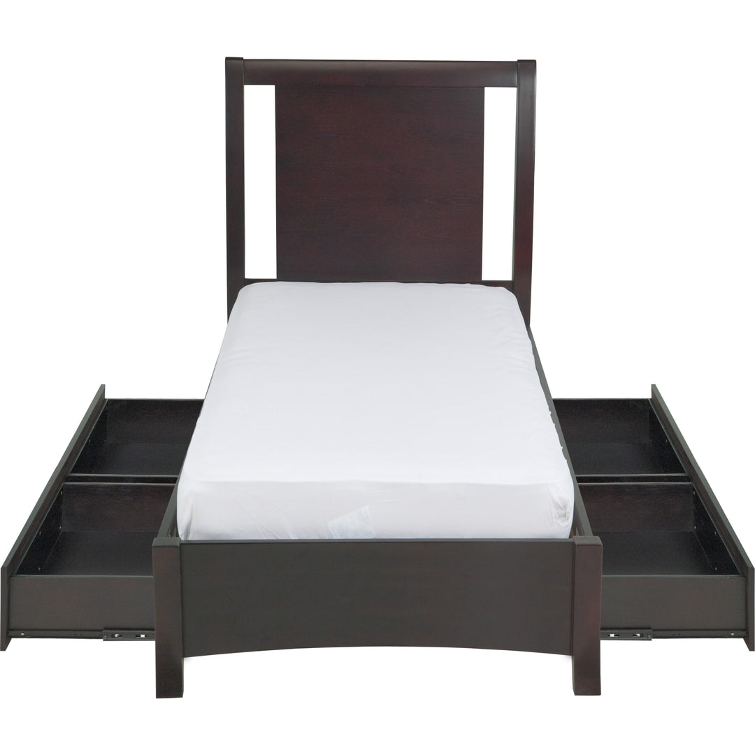 Nevis Low Profile Storage Bed in Espresso — front view with storage drawers open