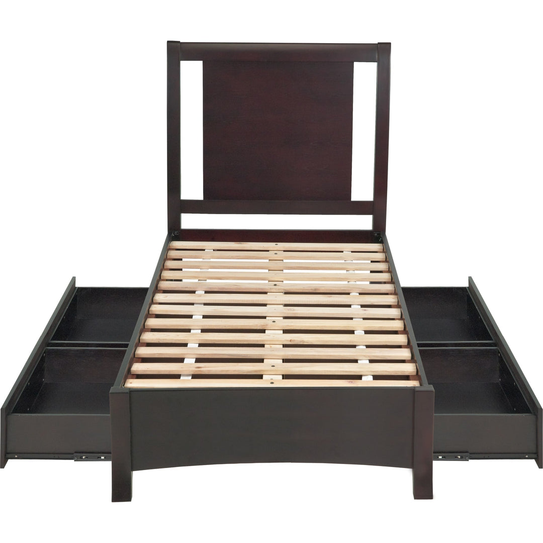 Nevis Low Profile Storage Bed in Espresso — without mattress, showing slats and drawers
