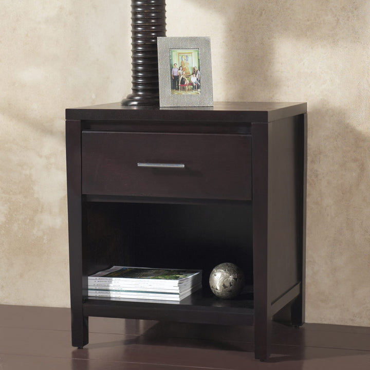 Nevis One Drawer Nightstand in Espresso — in a bedroom setting
