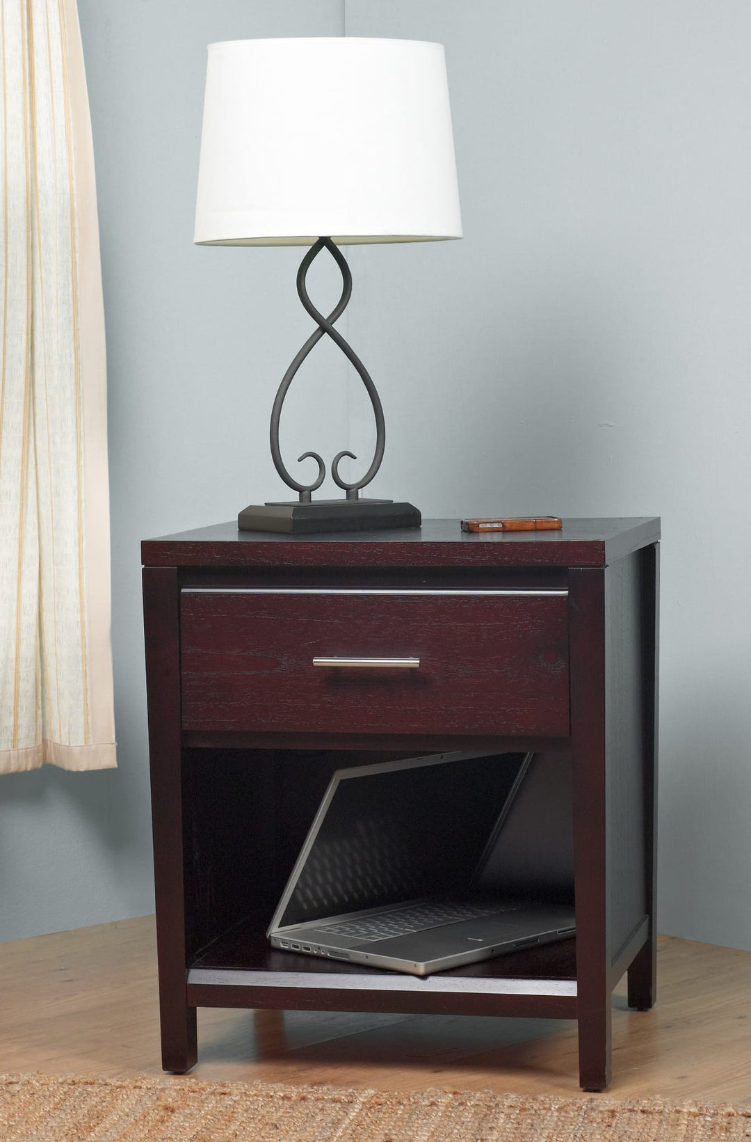 Nevis One Drawer Nightstand in Espresso — styled in a room