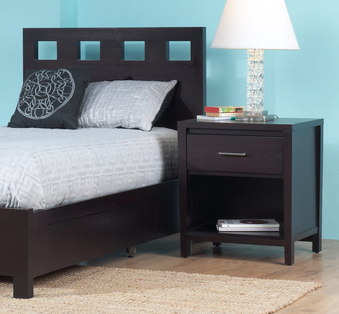 Nevis One Drawer Nightstand in Espresso — in a bedroom setting