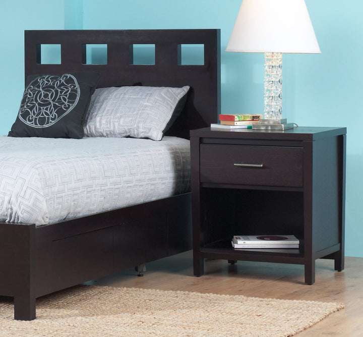 Nevis One Drawer Nightstand in Espresso — in a bedroom setting