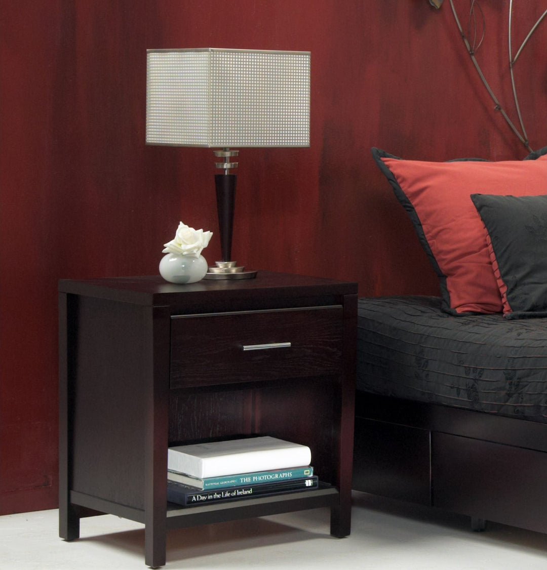 Nevis One Drawer Nightstand in Espresso — in a bedroom setting
