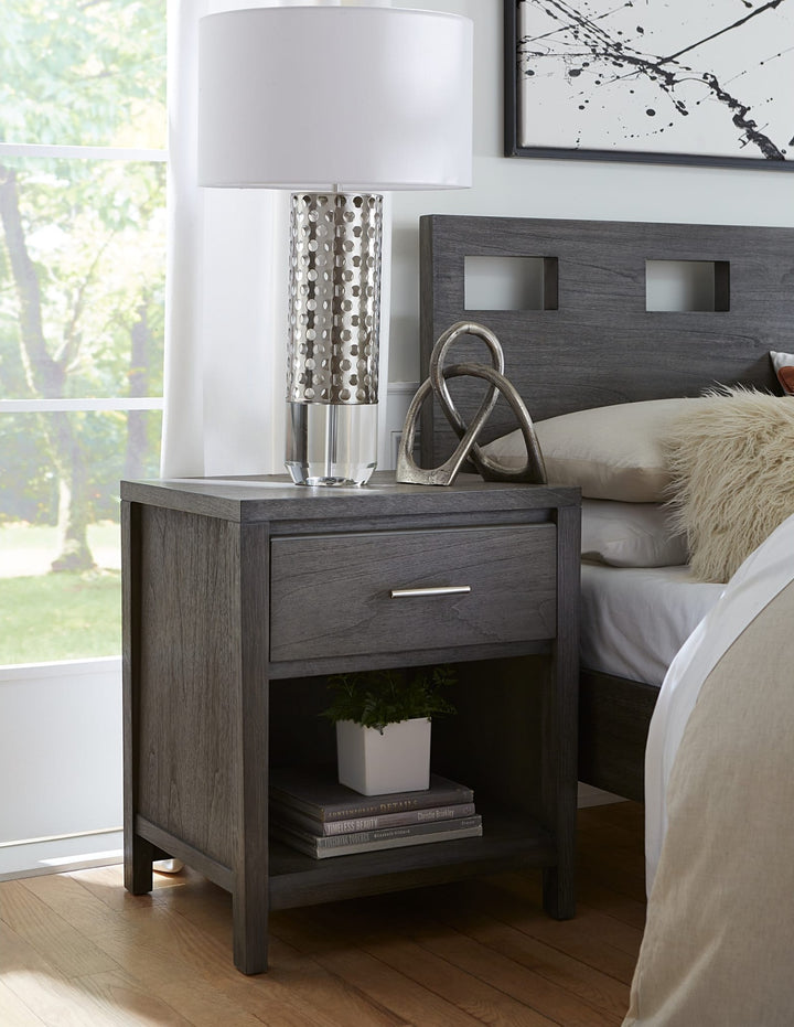 Nevis One Drawer Nightstand in Sharkskin — in a bedroom setting