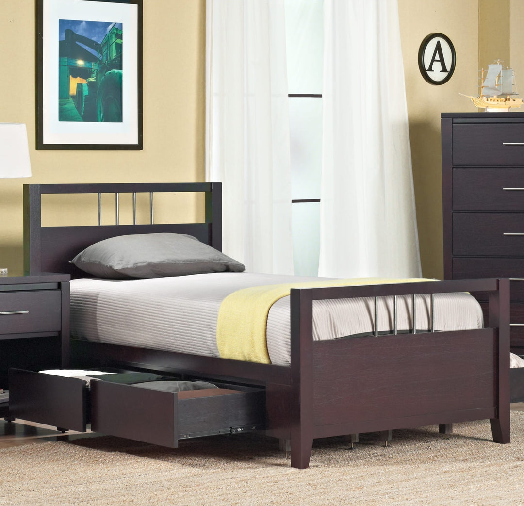 Nevis Platform Storage Bed in Espresso styled in a bedroom