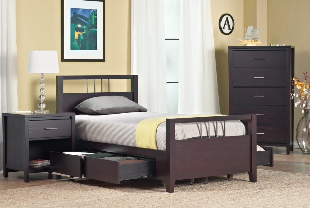 Nevis Platform Storage Bed in Espresso styled in a bedroom