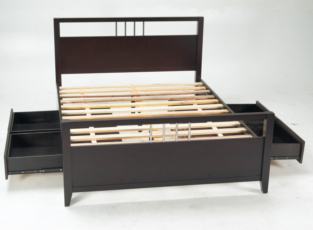 Nevis Platform Storage Bed in Espresso — angled view without mattress, drawers open