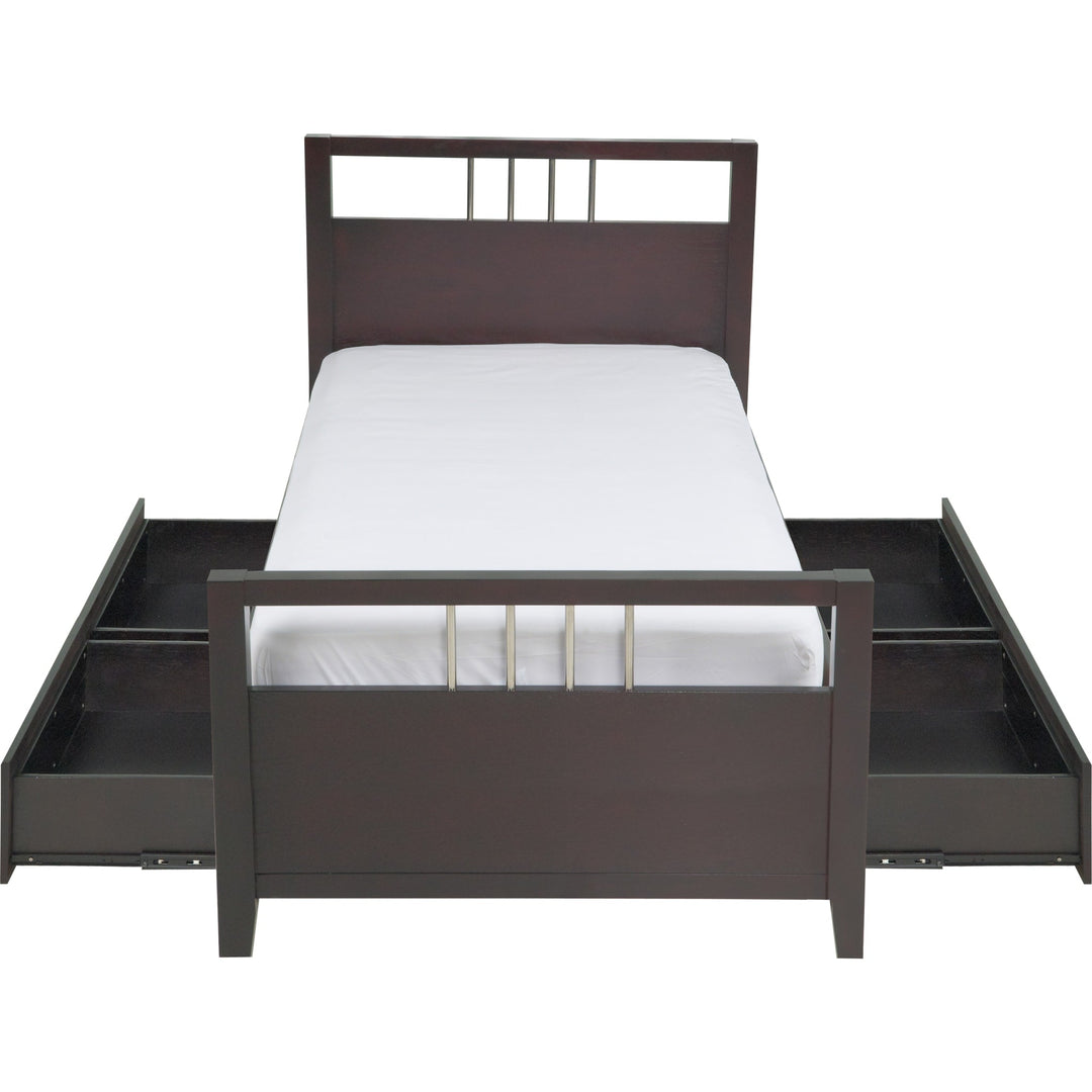 Nevis Platform Storage Bed in Espresso — front view with storage drawers open