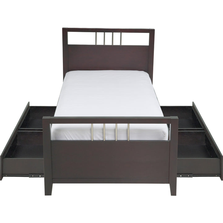 Nevis Platform Storage Bed in Espresso — front view with storage drawers open