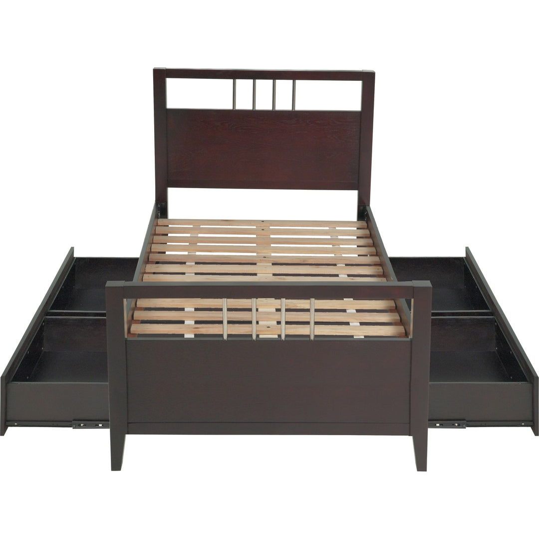 Nevis Platform Storage Bed in Espresso — front view without mattress, drawers open