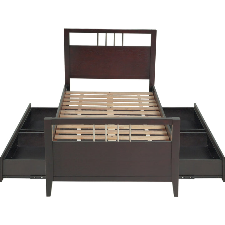 Nevis Platform Storage Bed in Espresso — front view without mattress, drawers open