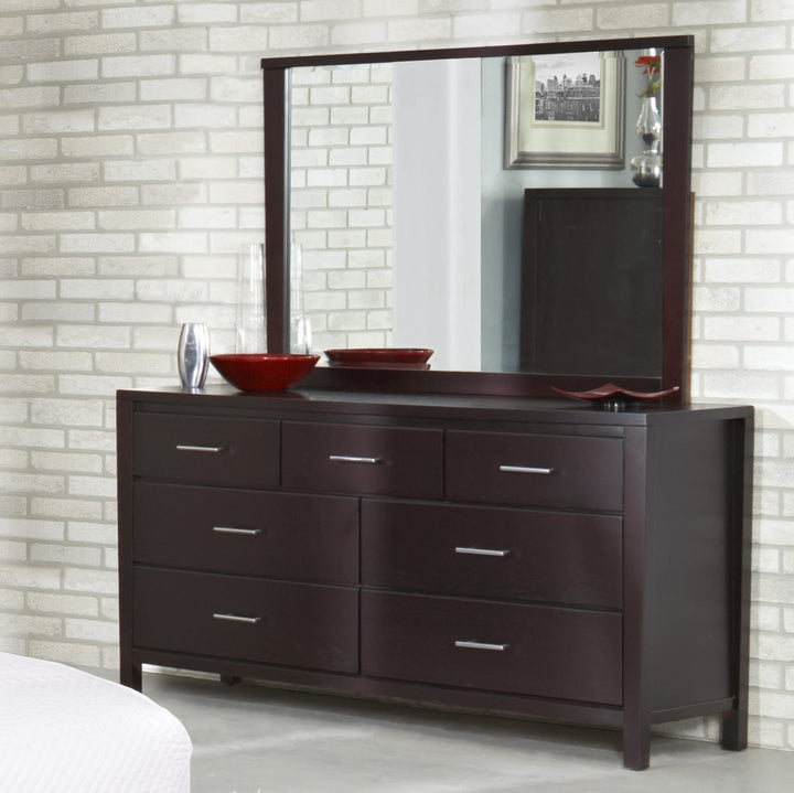 Nevis Seven Drawer Dresser in Espresso — styled with the matching mirror (sold separately)