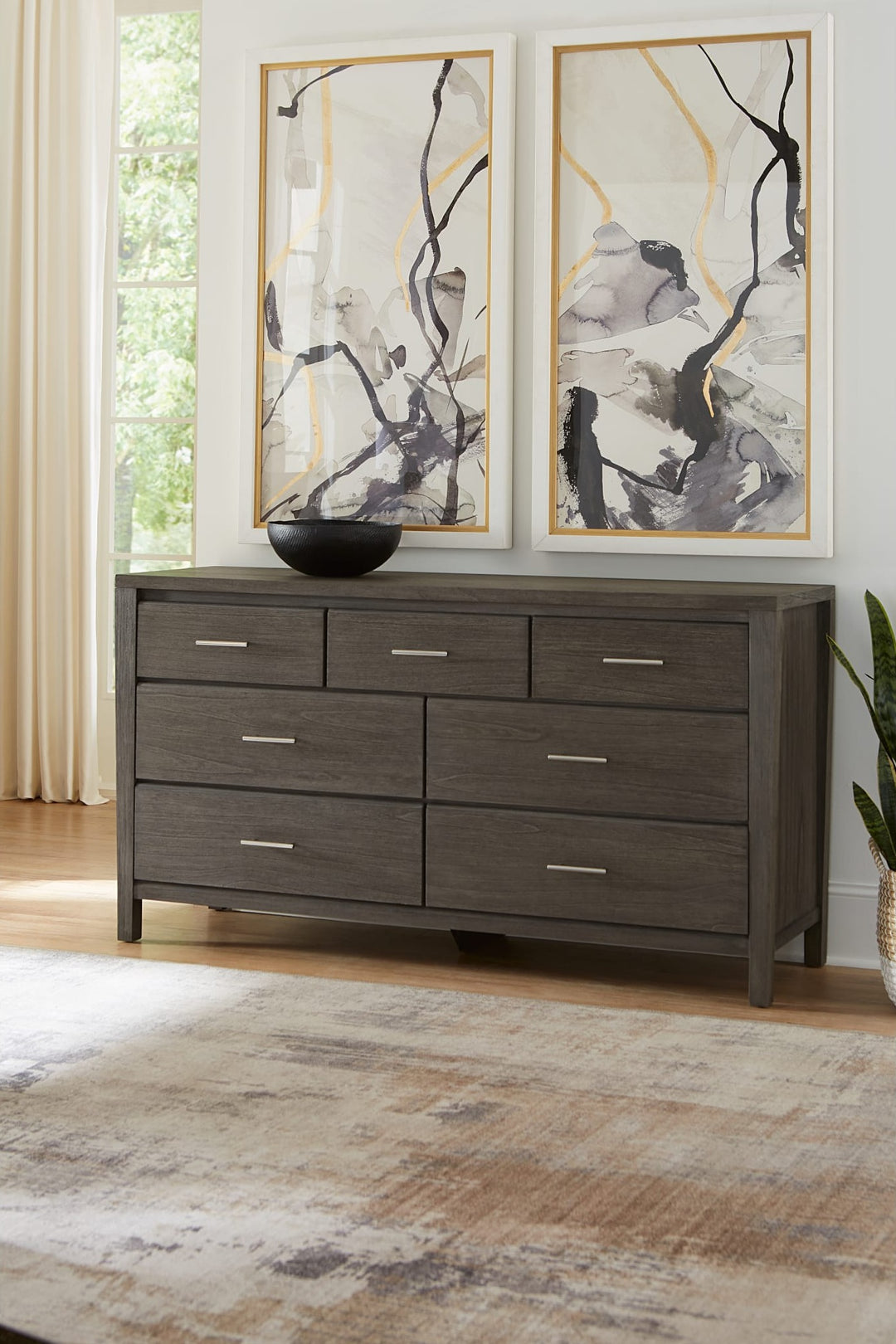 Nevis Seven Drawer Dresser in Sharkskin — styled in a room