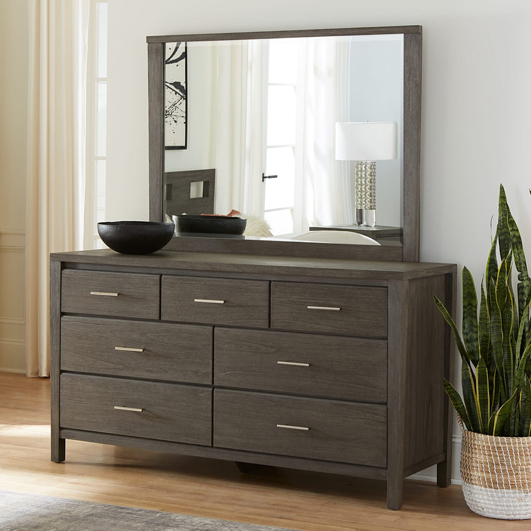 Nevis Seven Drawer Dresser in Sharkskin — styled with the matching mirror (sold separately)