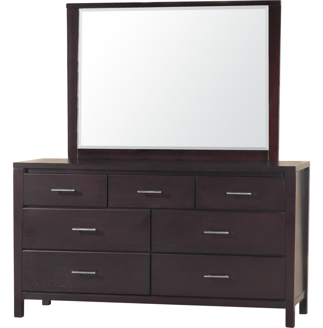Nevis Seven Drawer Dresser in Espresso — on a white background with the matching mirror (sold separately)