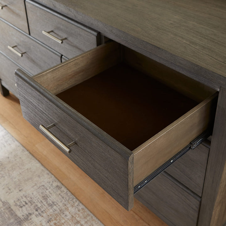 Nevis Seven Drawer Dresser in Sharkskin — with drawers open