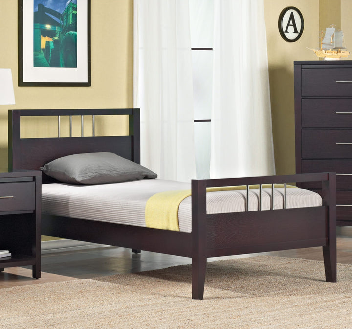 Nevis Wood Platform Bed in Espresso styled in a bedroom
