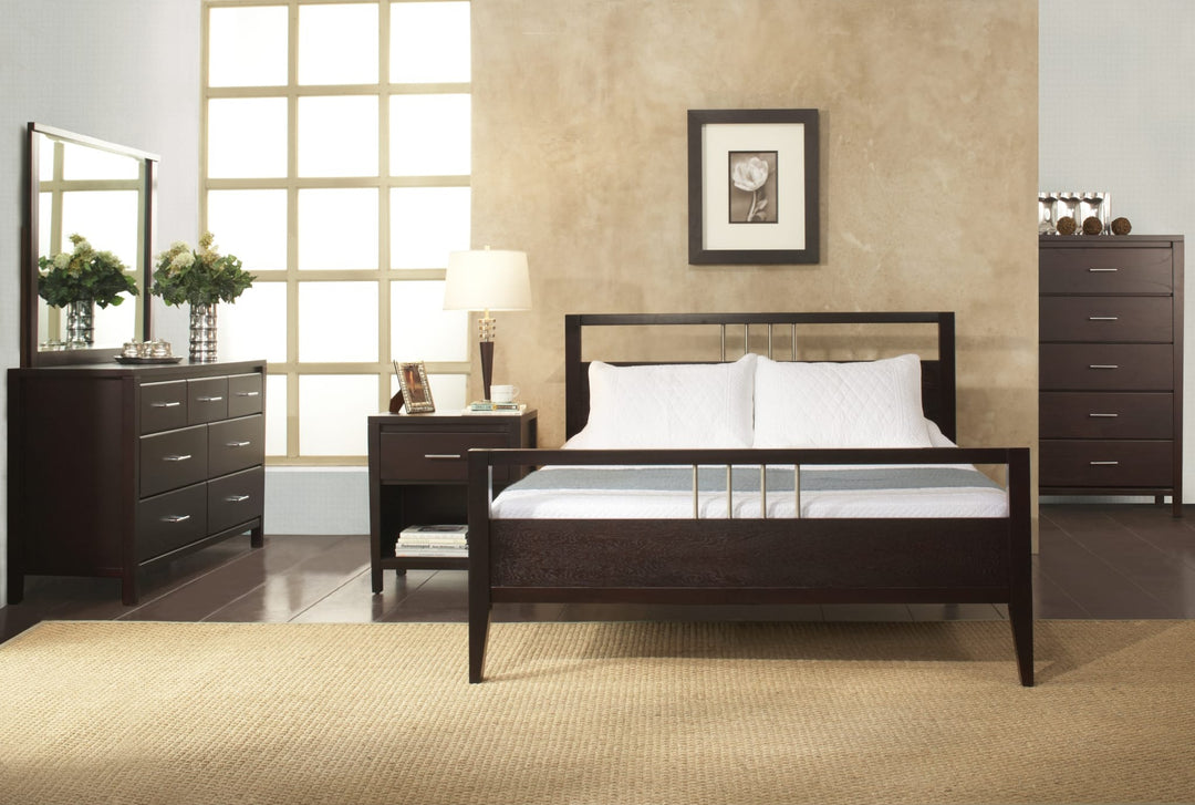 Nevis Wood Platform Bed in Espresso styled in a bedroom