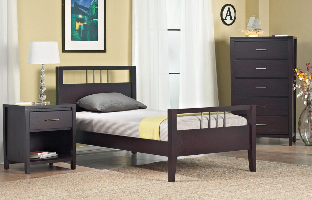 Nevis Wood Platform Bed in Espresso styled in a bedroom