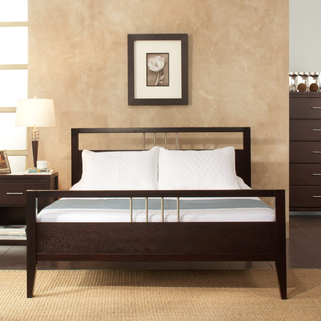 Nevis Wood Platform Bed in Espresso styled in a bedroom