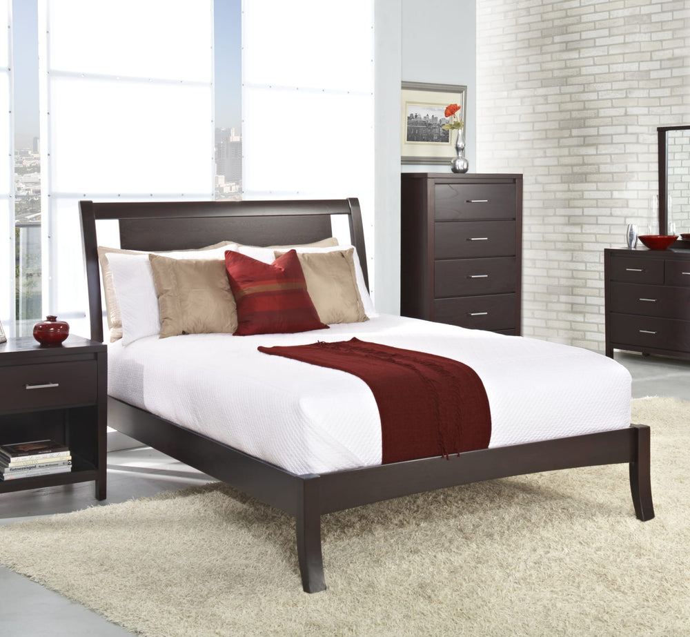 Nevis Wood Sleigh Bed in Espresso styled in a bedroom