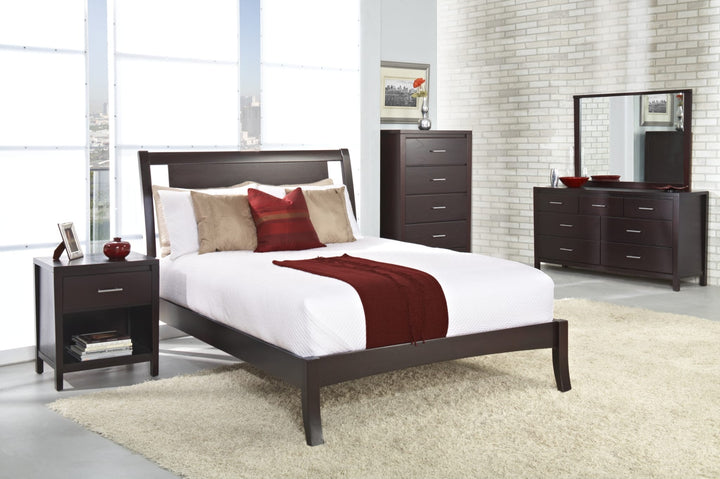 Nevis Wood Sleigh Bed in Espresso styled in a bedroom
