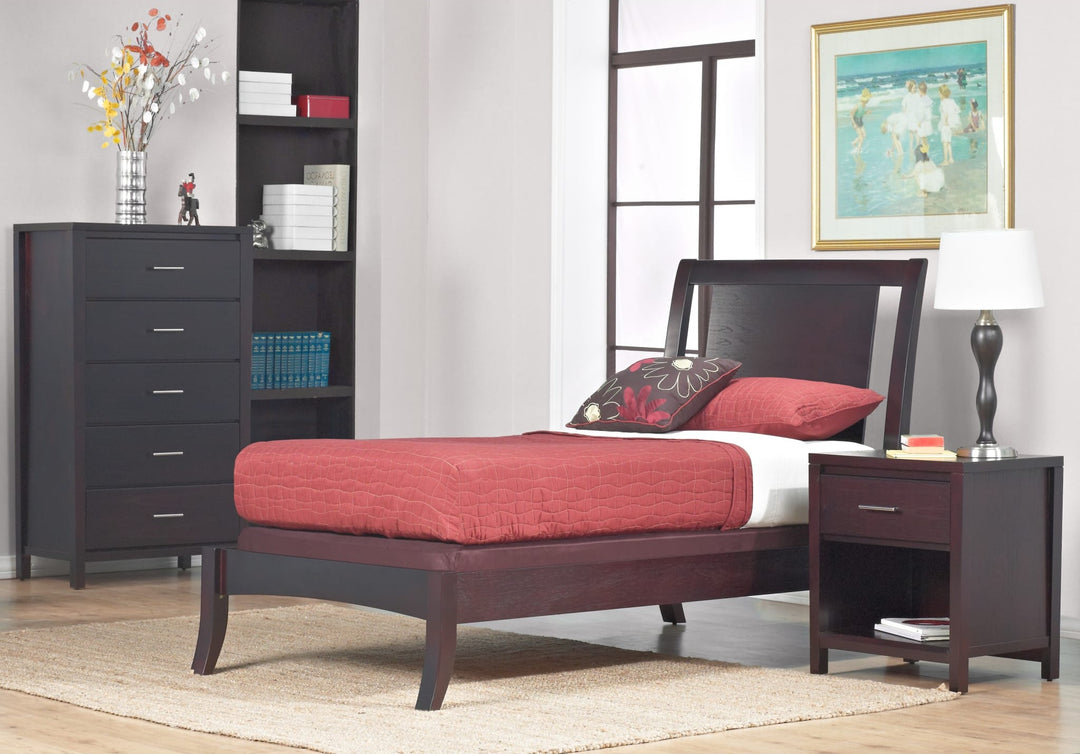 Nevis Wood Sleigh Bed in Espresso styled in a bedroom