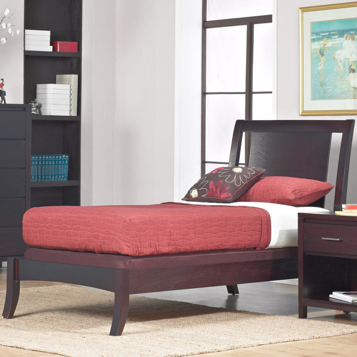Nevis Wood Sleigh Bed in Espresso styled in a bedroom