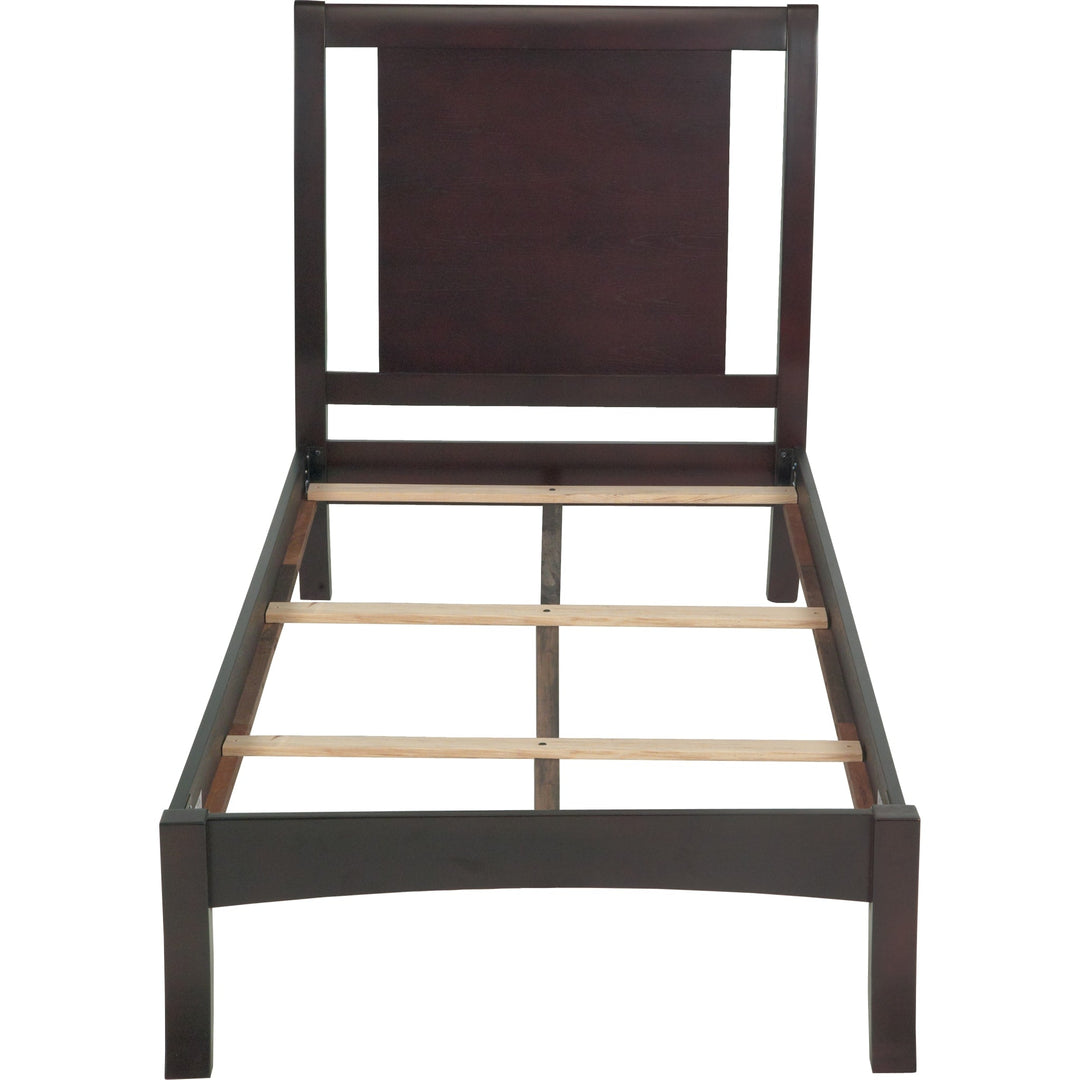 Nevis Wood Sleigh Bed in Espresso — without mattress, showing slats