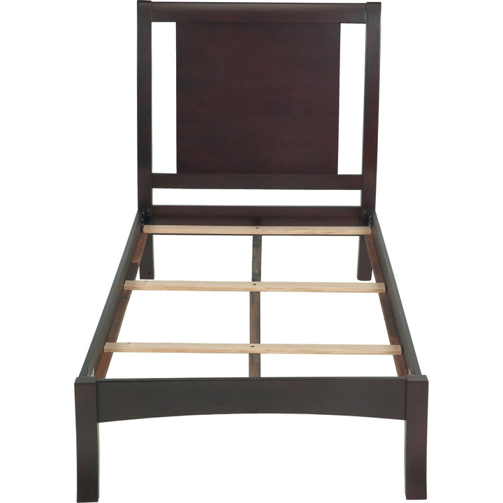 Nevis Wood Sleigh Bed in Espresso — without mattress, showing slats