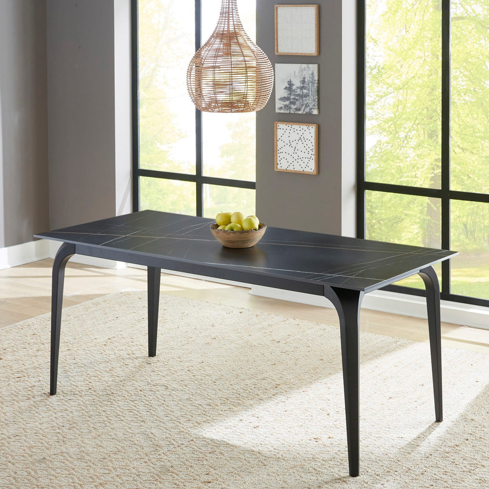 Nicoya Stone Top Rectangular Dining Table in Black Stone and Black Metal — lifestyle photo