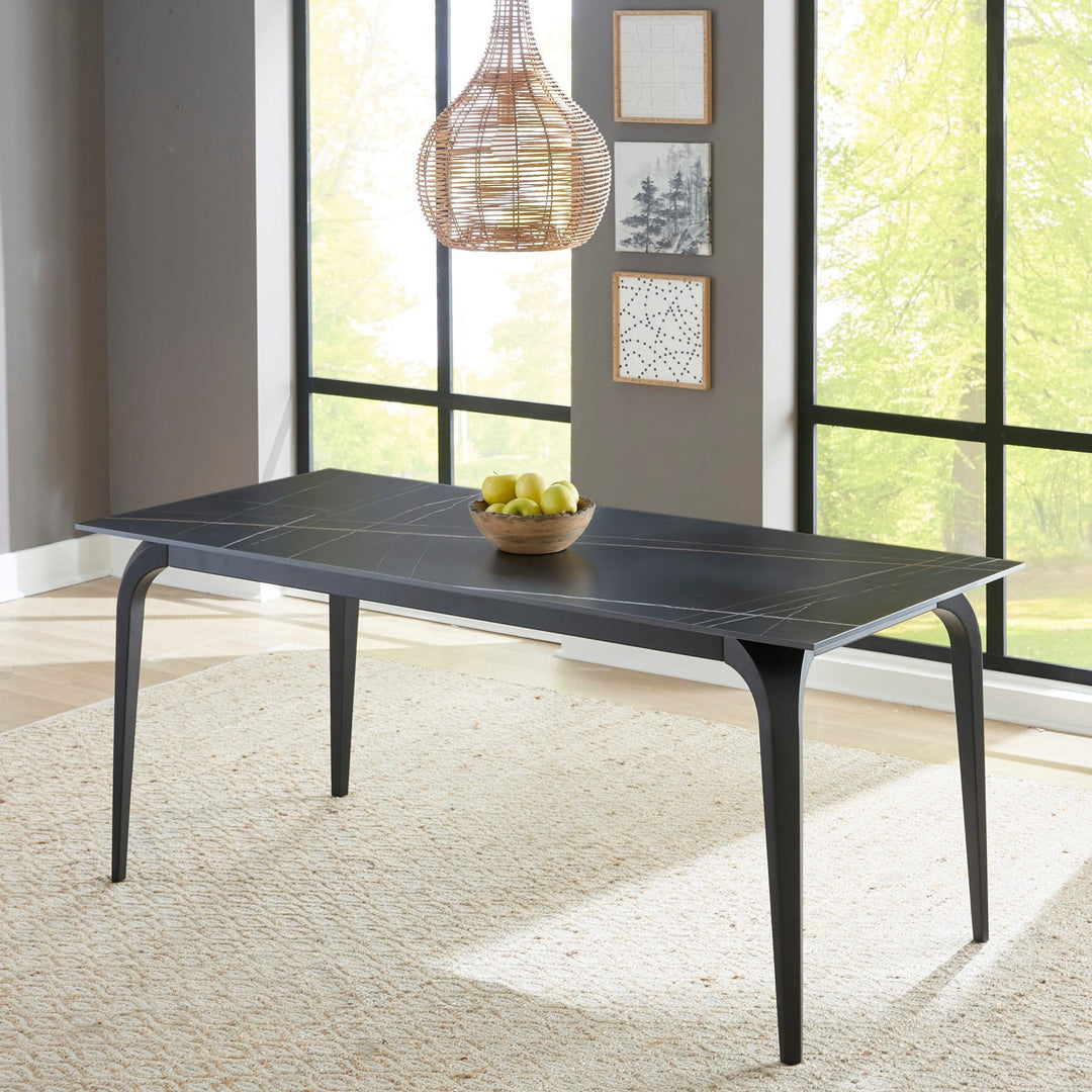 Nicoya Stone Top Rectangular Dining Table in Black Stone and Black Metal — lifestyle photo
