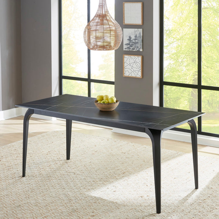 Nicoya Stone Top Rectangular Dining Table in Black Stone and Black Metal — lifestyle photo