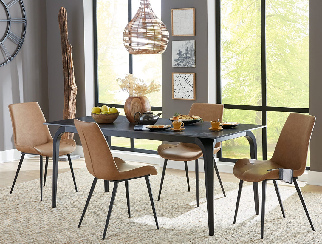 Nicoya Stone Top Rectangular Dining Table in Black Stone and Black Metal — lifestyle photo