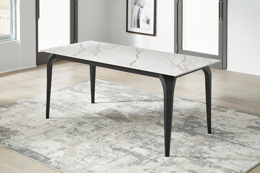 Nicoya Stone Top Rectangular Dining Table in Pumpkin Spice Stone and Black Metal — lifestyle photo