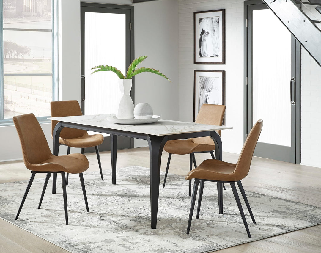 Nicoya Stone Top Rectangular Dining Table in Pumpkin Spice Stone and Black Metal — lifestyle photo