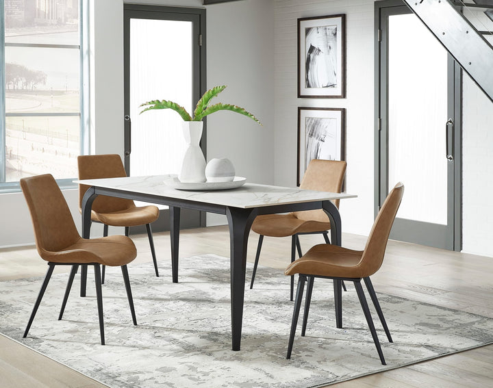 Nicoya Stone Top Rectangular Dining Table in Pumpkin Spice Stone and Black Metal — lifestyle photo