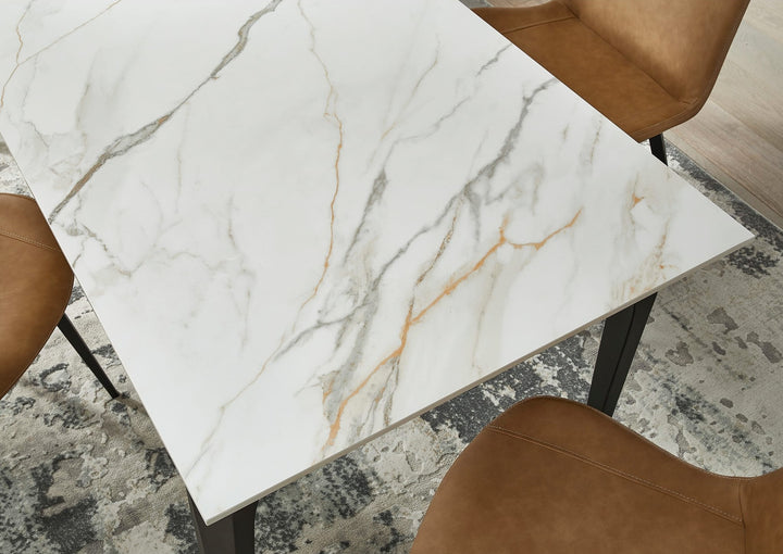 Nicoya Stone Top Rectangular Dining Table in Pumpkin Spice Stone and Black Metal — lifestyle photo
