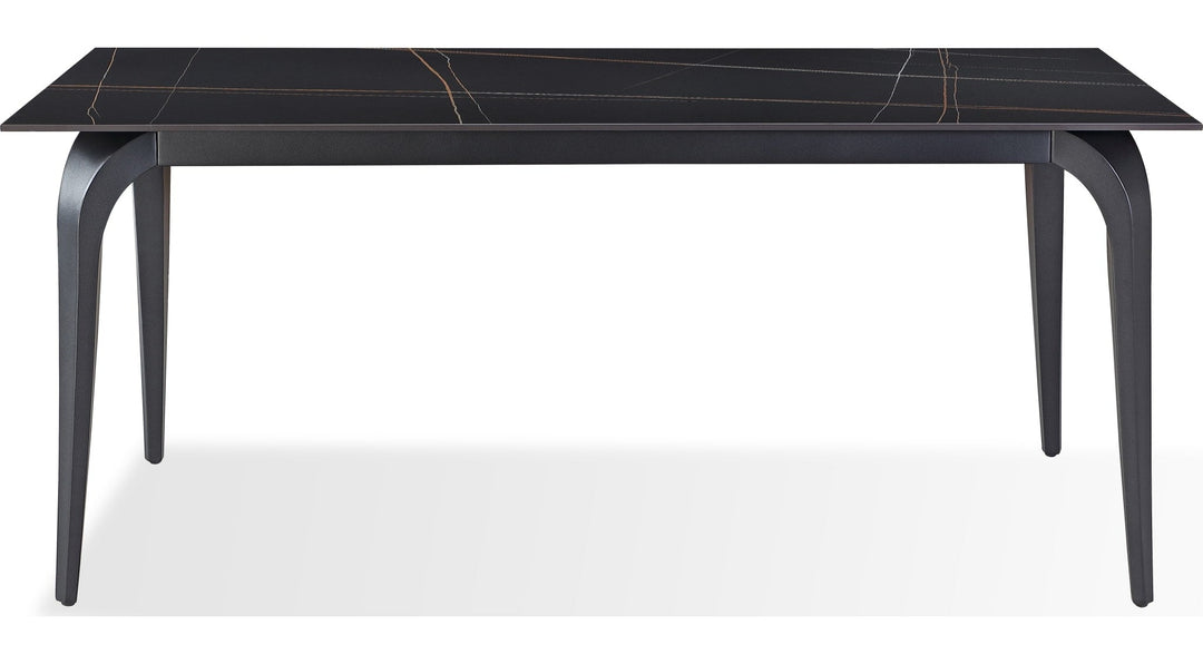 Nicoya Stone Top Rectangular Dining Table in Black Stone and Black Metal — product view on a white background