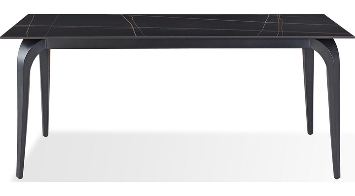 Nicoya Stone Top Rectangular Dining Table in Black Stone and Black Metal — product view on a white background
