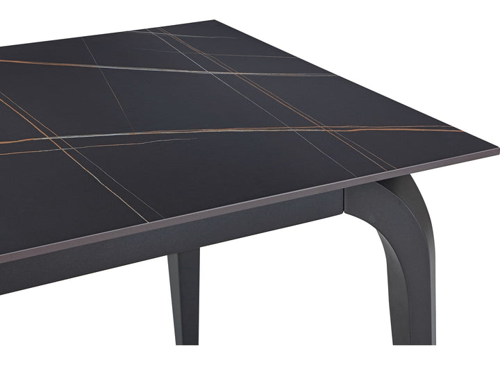 Nicoya Stone Top Rectangular Dining Table in Black Stone and Black Metal — product view on a white background