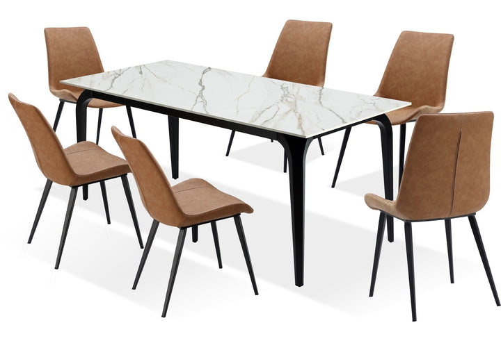Nicoya Stone Top Rectangular Dining Table in Pumpkin Spice Stone and Black Metal — product view on a white background