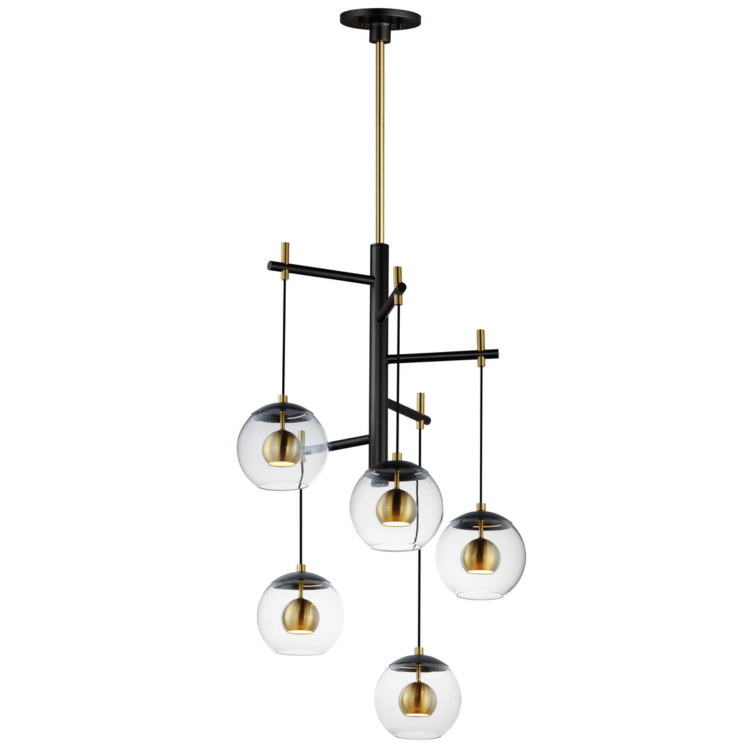 Nucleus 5-Light LED Pendant by ET2 Lighting in Black / Natural Aged Brass, front view