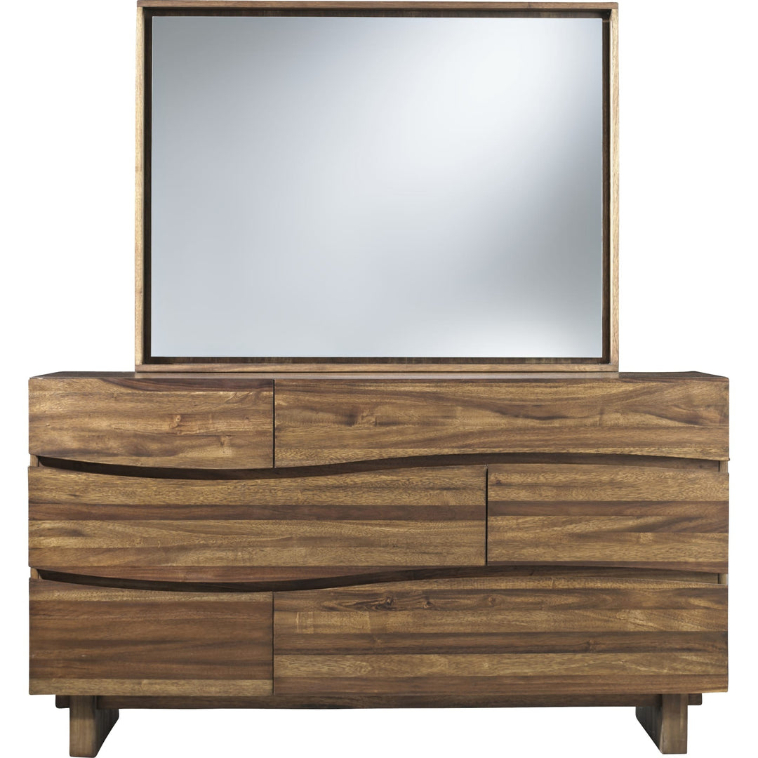 Ocean Six Drawer Solid Wood Dresser in Natural Sengon — on a white background with the matching mirror (sold separately)