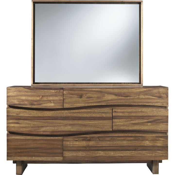 Ocean Six Drawer Solid Wood Dresser in Natural Sengon — on a white background with the matching mirror (sold separately)