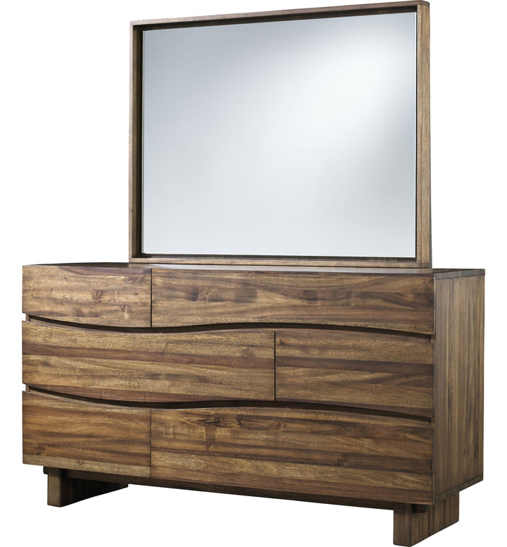 Ocean Six Drawer Solid Wood Dresser in Natural Sengon — on a white background with the matching mirror (sold separately)