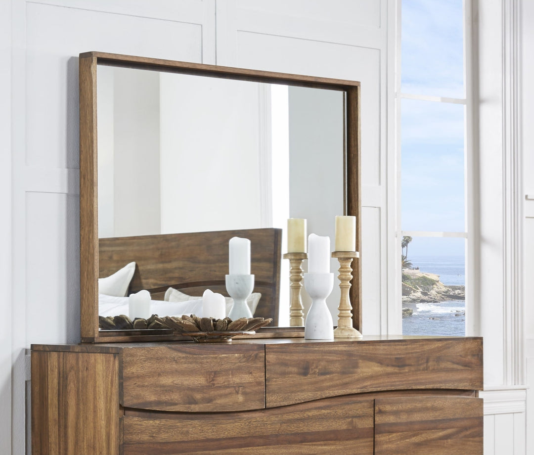 Ocean Solid Wood Floating Glass Mirror in Natural Sengon — styled on the matching dresser (sold separately)