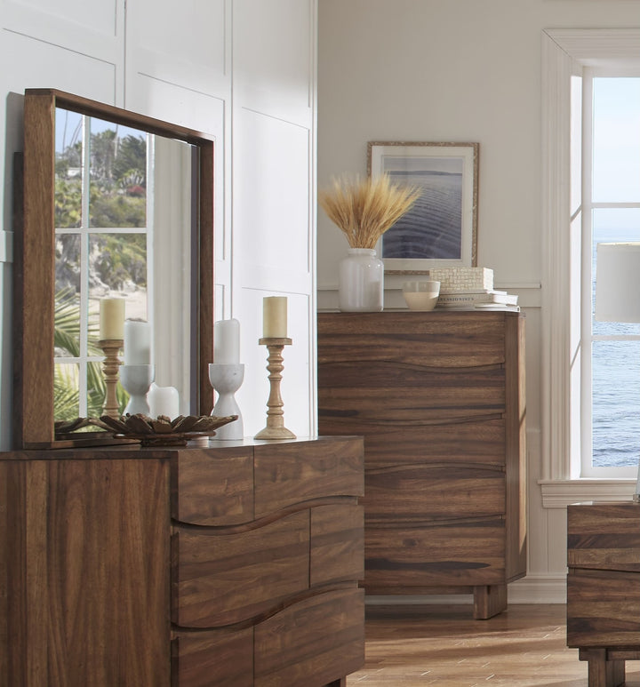 Ocean Solid Wood Floating Glass Mirror in Natural Sengon — styled on the matching dresser (sold separately)