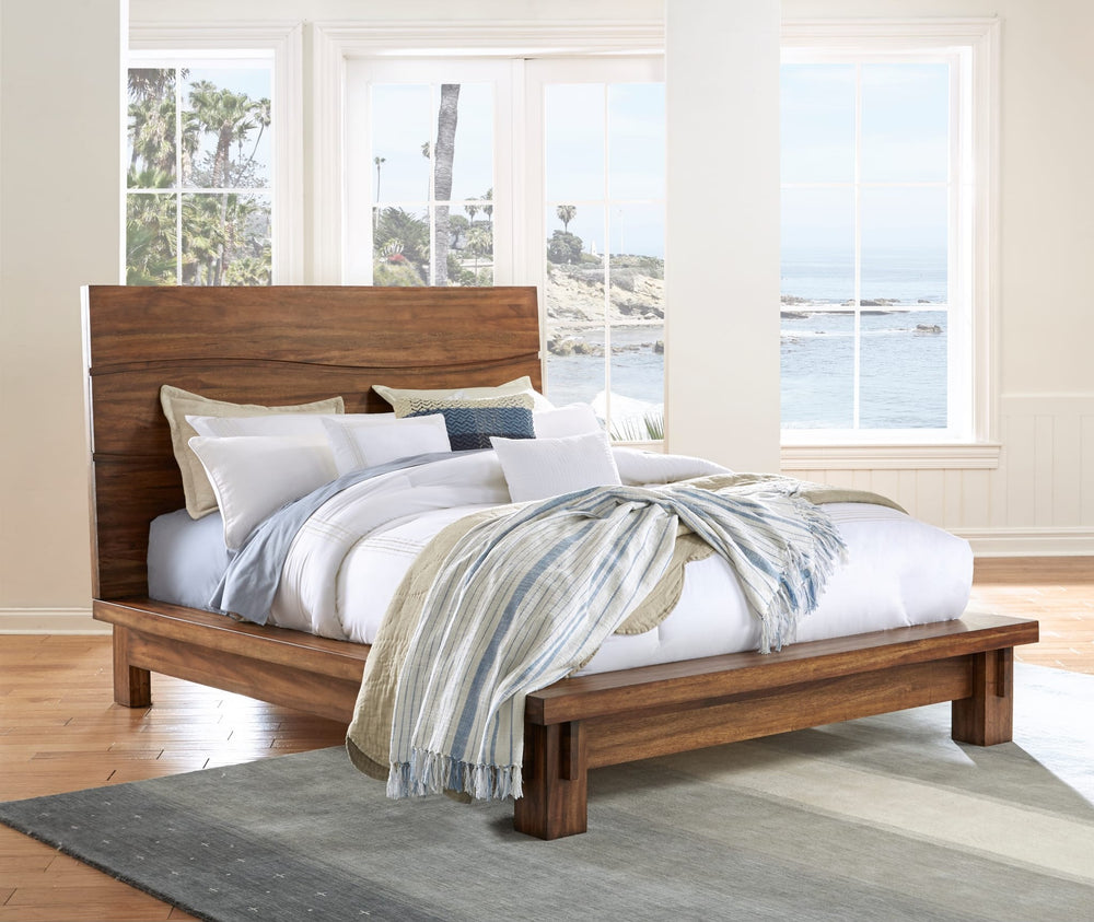 Ocean Solid Wood Platform Bed in Natural Sengon styled in a bedroom