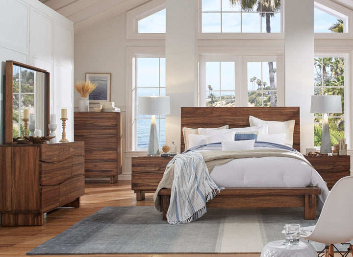 Ocean Solid Wood Platform Bed in Natural Sengon styled in a bedroom
